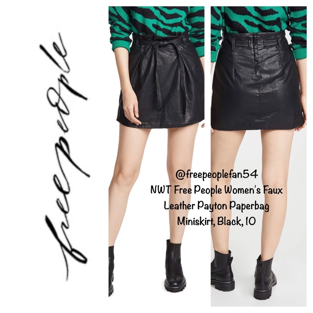 NWT Free People Women's Faux Leather Payton Paperbag Mini Skirt, Black, 10